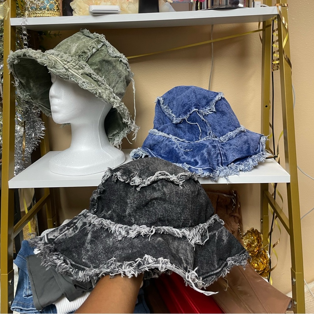 Frayed Denim Bucket Hats in Green, Blue, and Black